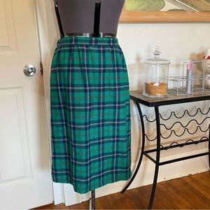 Pendleton Vintage Plaid Midi Straight Skirt Side Button Green Navy High Waist